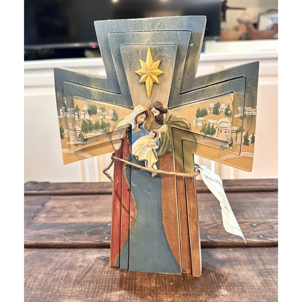 Woodworks of Inspiration Wood Nativity Scene 3-D Cross Jesus Mary Joseph NWT